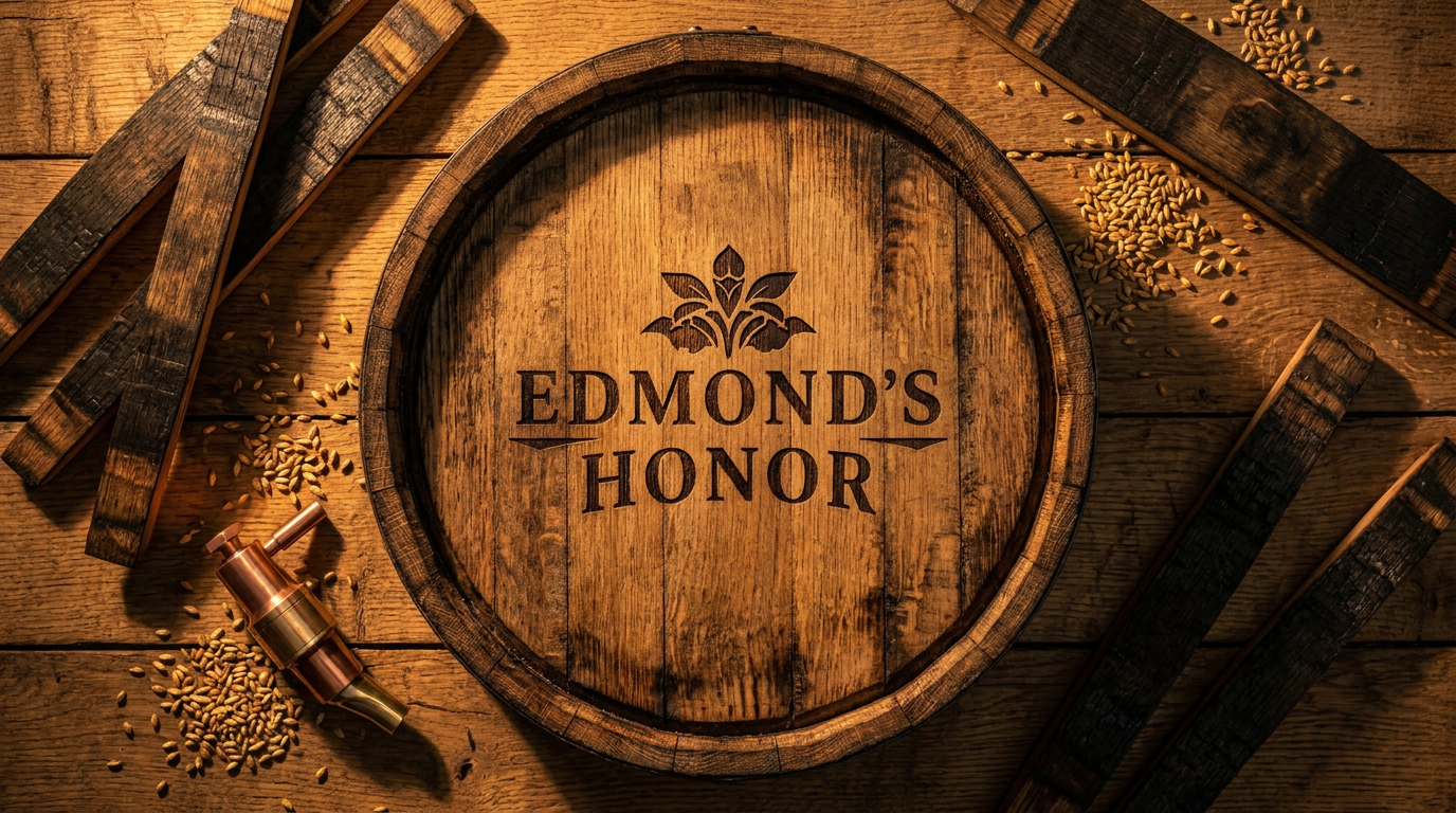Edmond's Honor branded barrel head surrounded by charred staves and grain