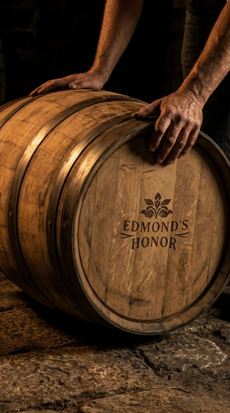 Hands resting on a rolled Edmond's Honor oak barrel in a stone cellar