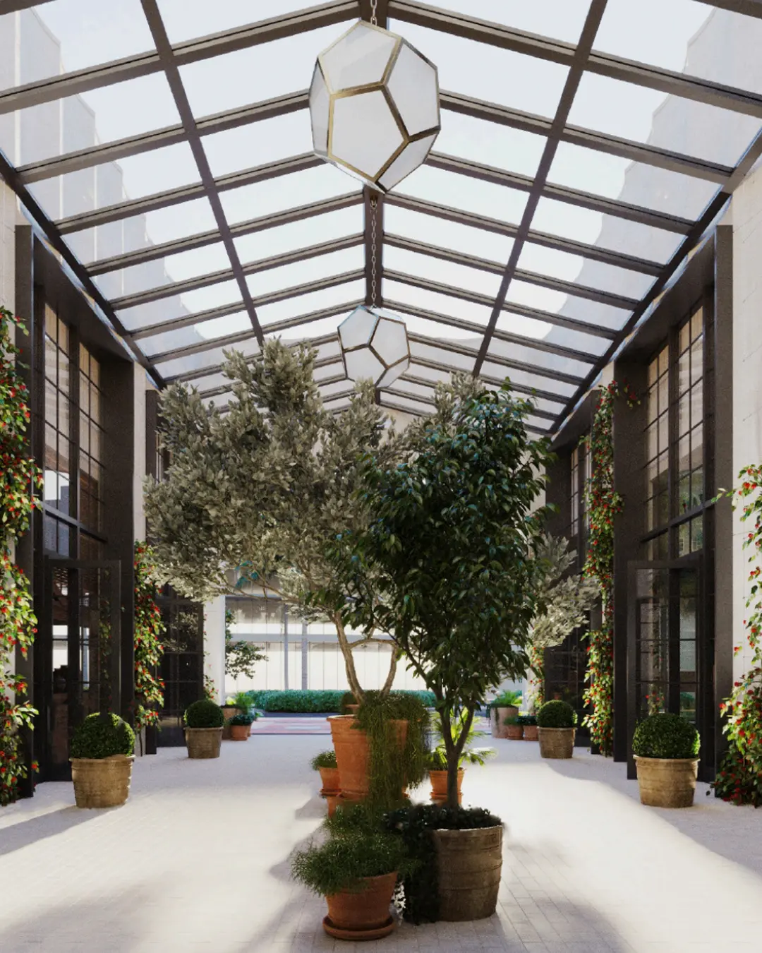 The glass-roofed atrium at Goodtime Hotel