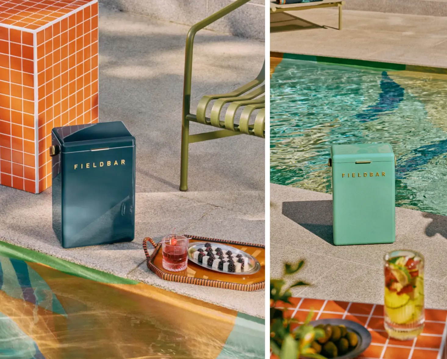 Fieldbar cooler boxes photographed poolside with cocktails and fruit
