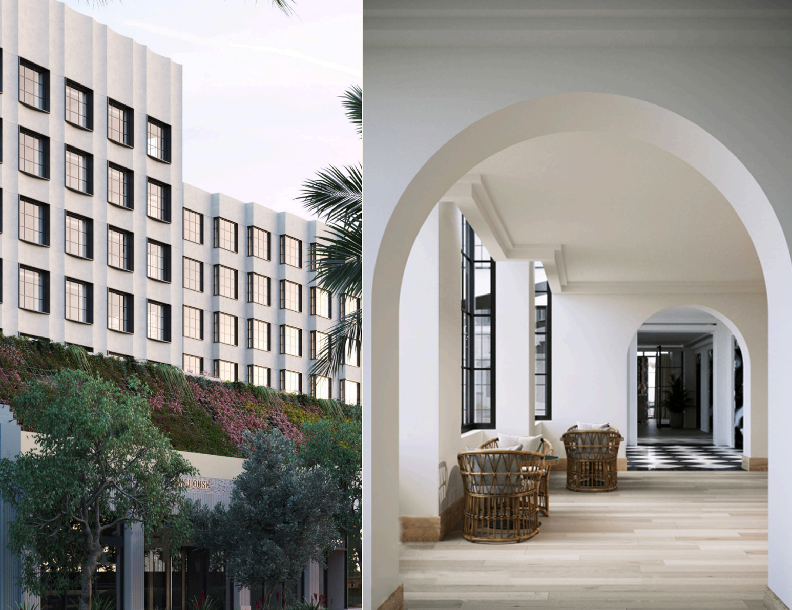 The Goodtime Hotel exterior and arched corridor in Miami Beach