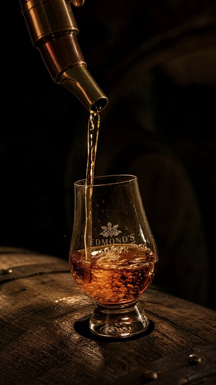 Amber whiskey pouring from a copper valinch into a tasting glass atop a barrel