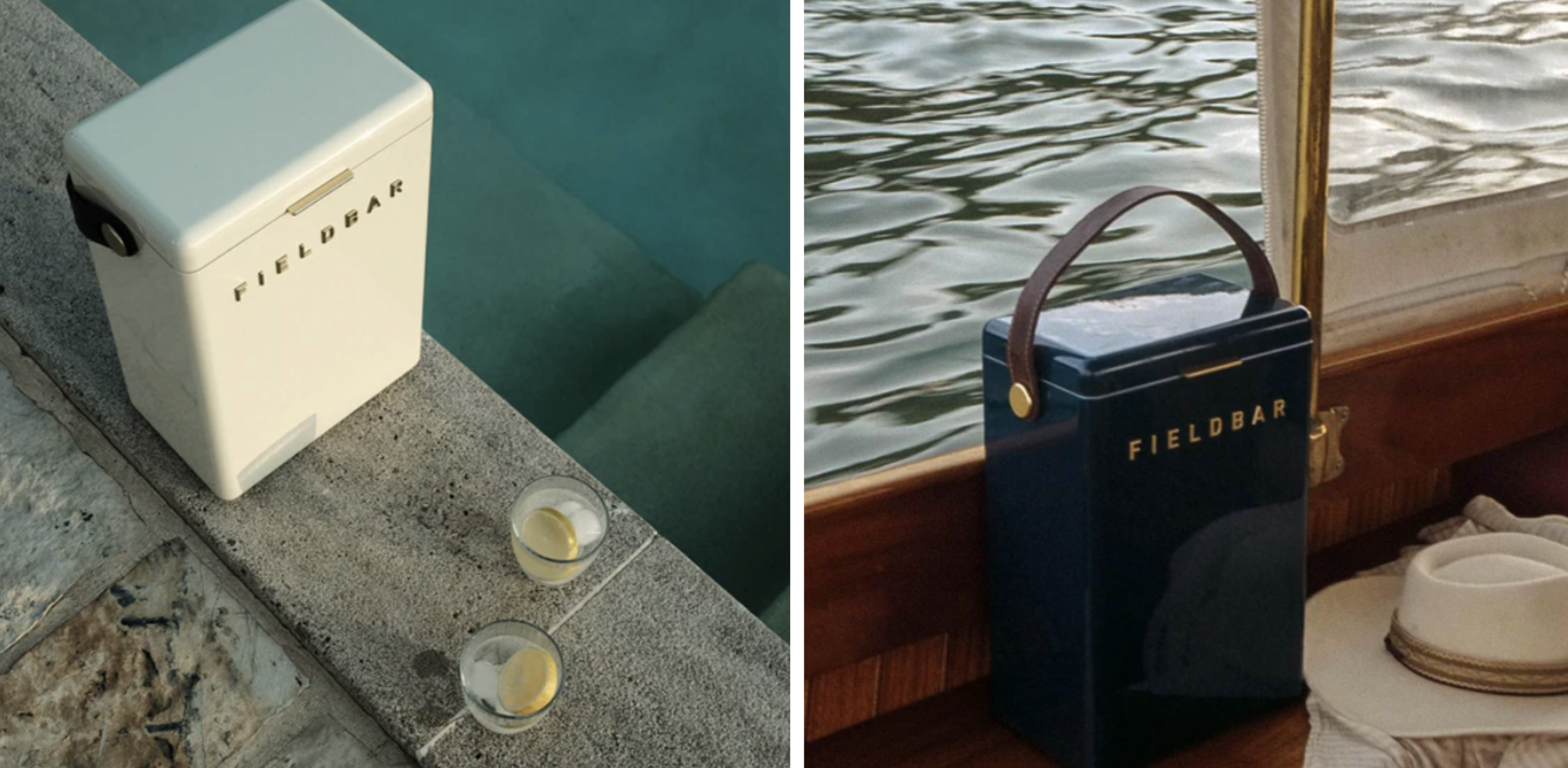 Cream and navy Fieldbar boxes photographed poolside and on a wooden boat