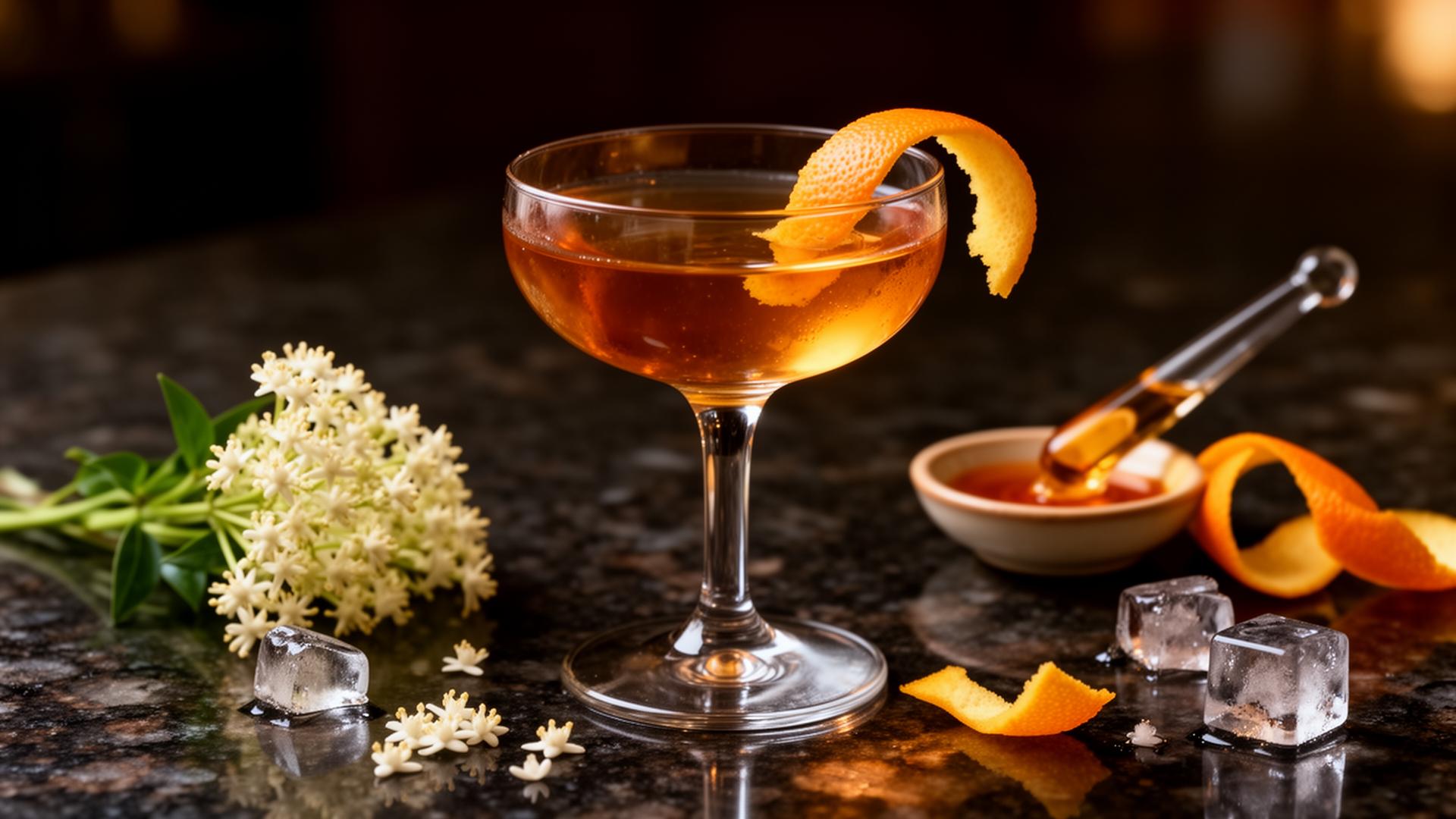 The Albius Manhattan ingredients on dark stone
