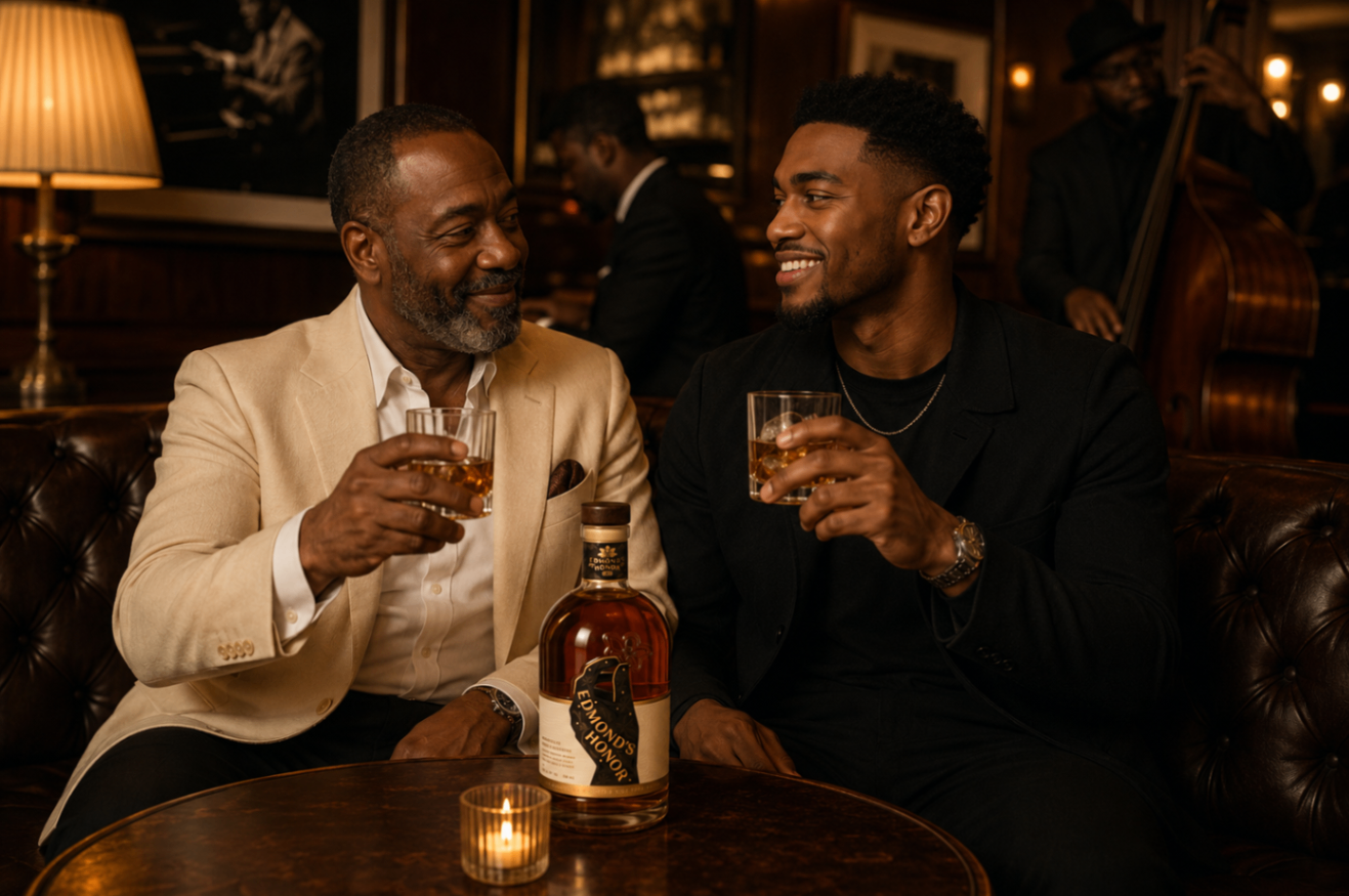 A man in a denim shirt holding a glass of bourbon at a bar, lit by warm amber light