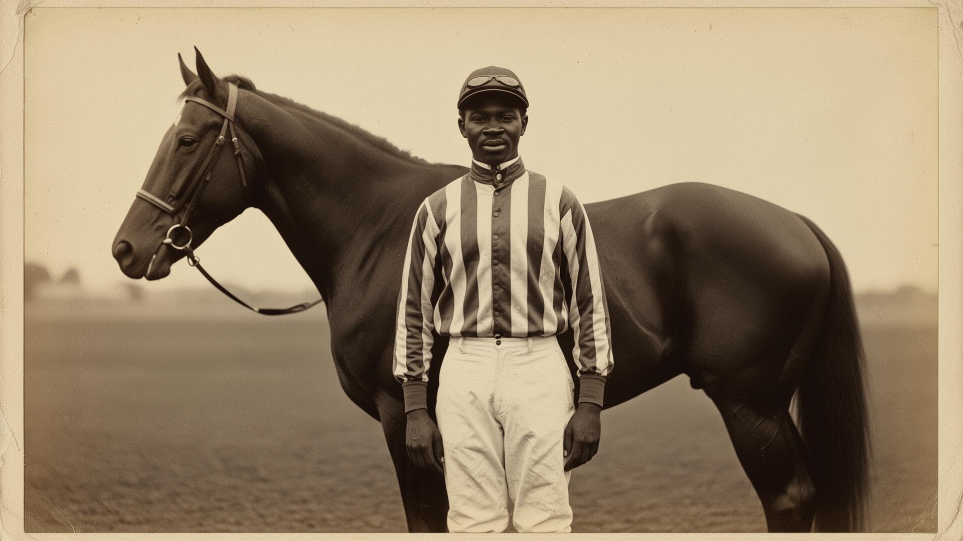 Archival sepia portrait of a Black jockey beside a thoroughbred