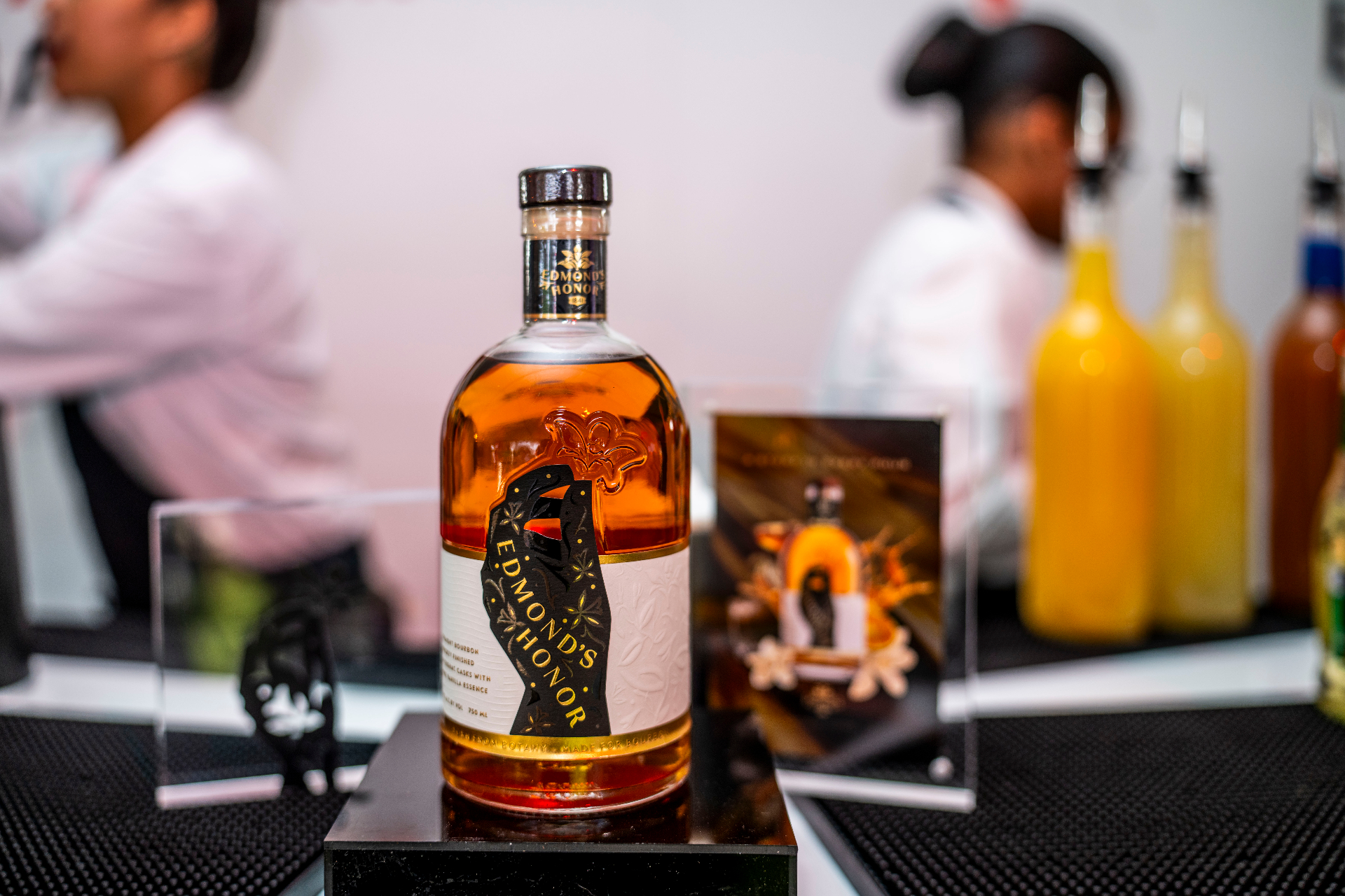 Edmond's Honor bourbon bottle in close detail at the bar service station