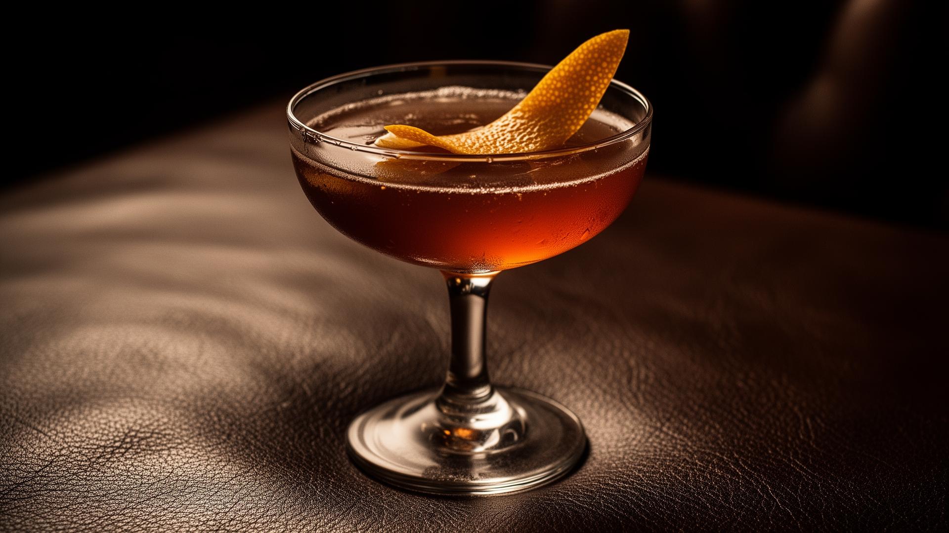 A Manhattan in a chilled coupe on dark saddle leather